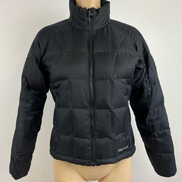 Vintage Marmot Women’s Small Puffer Jacket Goose Down Black 650 Fill Ski Snow - Picture 1 of 14